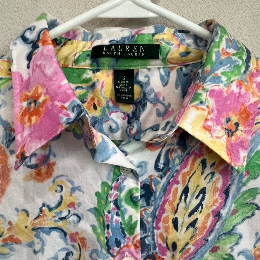 Lauren Ralph Lauren Colorful Floral Paisley Button Up Shirt Sz 12 Peplum Office - Picture 3 of 16